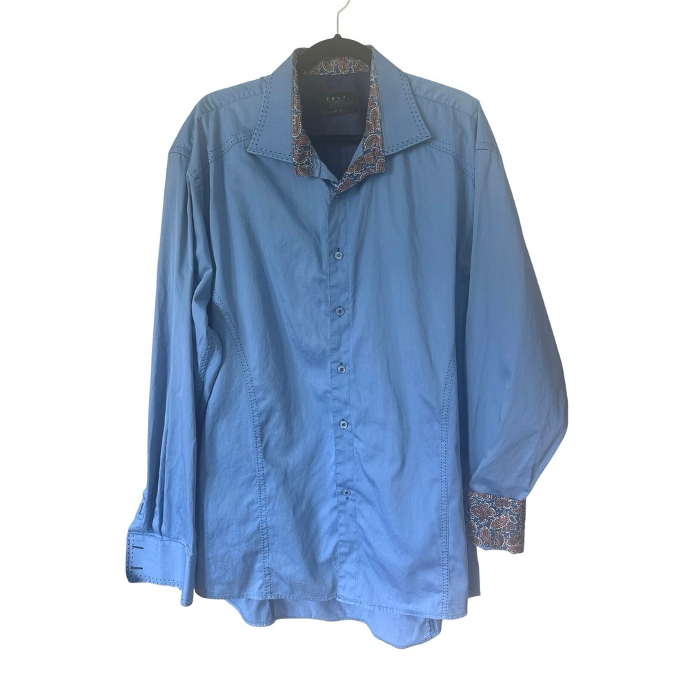 Envy Couture 4XL Slim Fit Shirt | Blue Paisley Trim Button-Up Made‎ in Turkey
